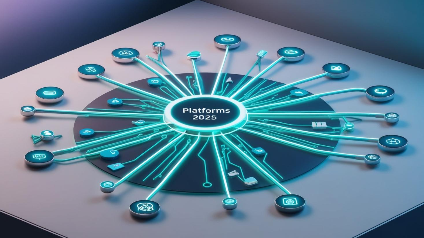 Centralized Platforms A futuristic digital workspace illustrating the concept of centralized platforms in 2025. The scene is centered around a glowing, interconnected hub of digital tools with a sleek, modern design. The background is a gradient of blue, purple, white, and grey tones. Interconnected icons representing various digital tools are seamlessly linked by glowing lines, emphasizing the shift from tool overload to streamlined efficiency