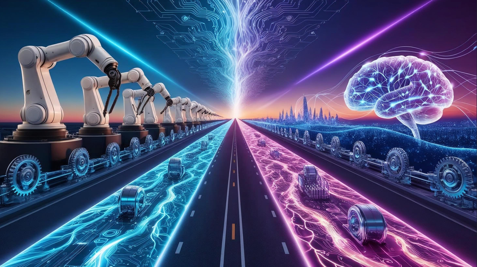 Intelligent Automation vs RPA A glowing digital highway that begins with mechanical robot arms and rigid machinery on one end (symbolizing RPA) and transforms into flowing neural networks and glowing AI agents on the other (symbolizing intelligent automation). Along the path, symbols of gears evolve into brain-like circuits and light-based data streams. The sky is a gradient of dark tech blue to sunrise orange, symbolizing the dawn of a smarter era. In the distance, a luminous city of code represents the future of adaptive AI-driven work.